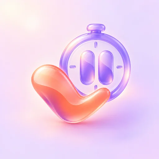 Task & Pause app icon: a glossy coral checkmark overlapping a lavender stopwatch with pause bars